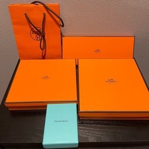 Bundle of Hermes and Tiffany boxes and bag